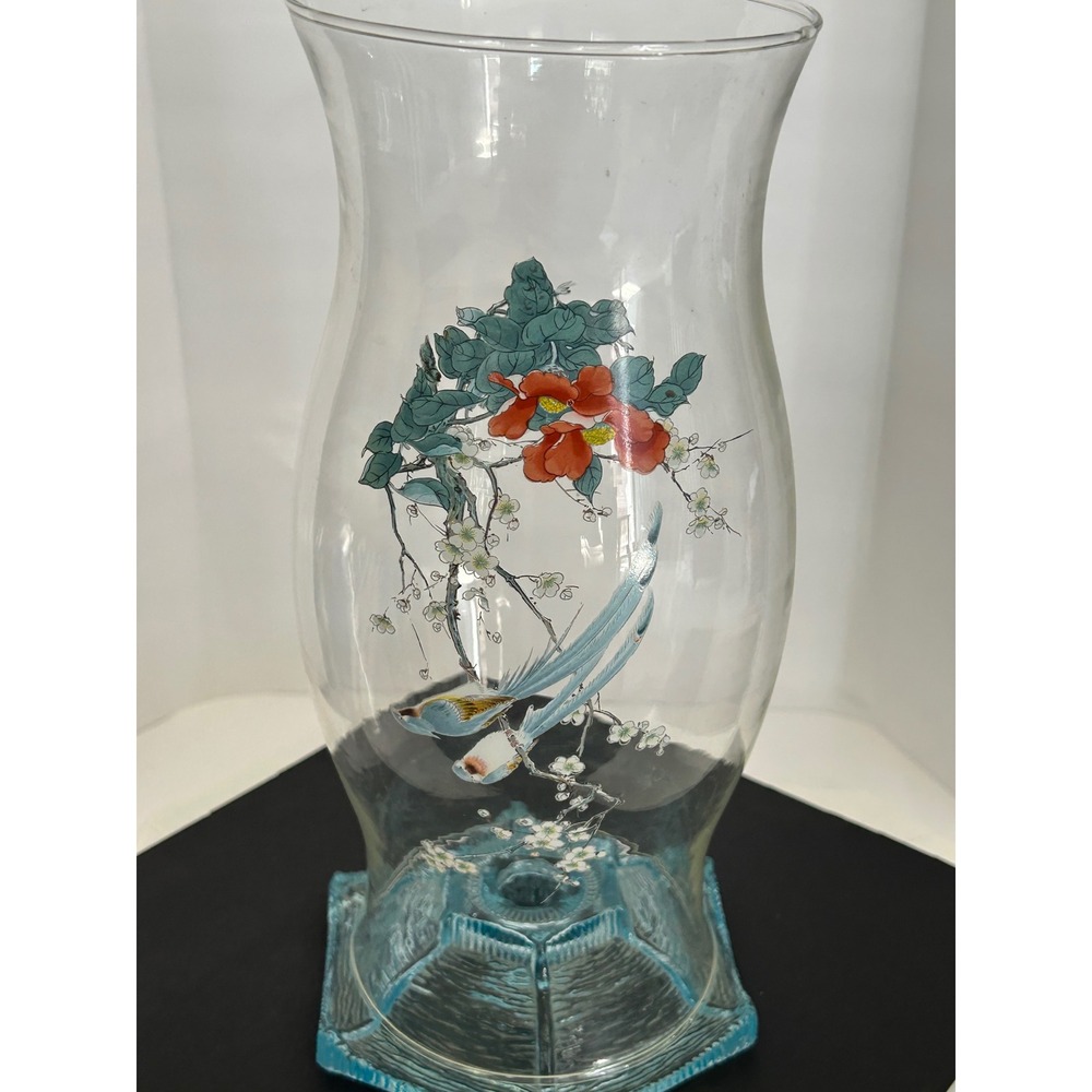 Hurricane Vase Clear Blue Chinoiserie Bird Floral Glass Chimney Collectible